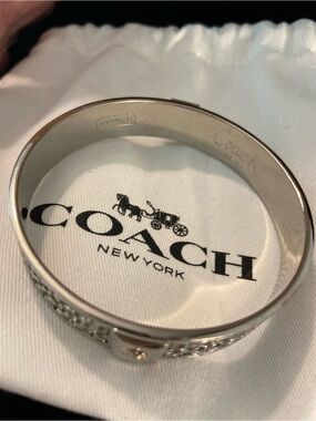 Coach Silver Tone Signature C Slip On Bangle Bracelet With Dust Bag
